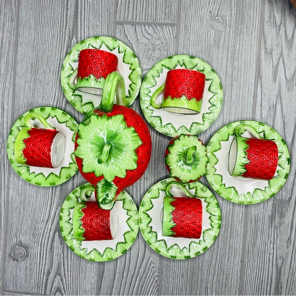 Gift Ideas Creation Strawberry Espresso coffee Tea Set 14 cups saucers pot sugar - Picture 10 of 16